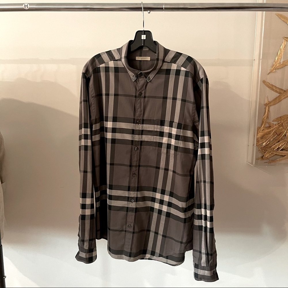 Burberry Brit Button Down Shirt Classic Print Gray
